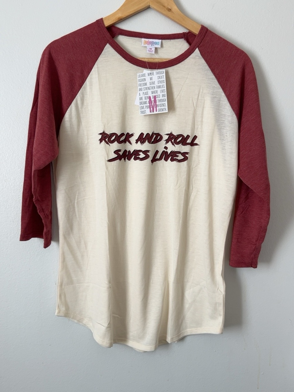 LuLaRoe Randy Rock and Roll Saves Lives Raglan Baseball Tee M NWT
